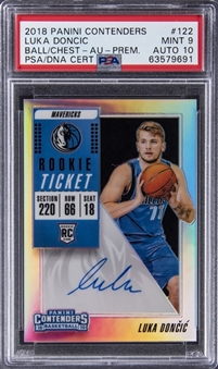 2018-19 Panini Contenders Premium "Rookie Ticket" Silver Prizm Variation #122 Luka Doncic Signed Rookie Card - PSA MINT 9/PSA 10